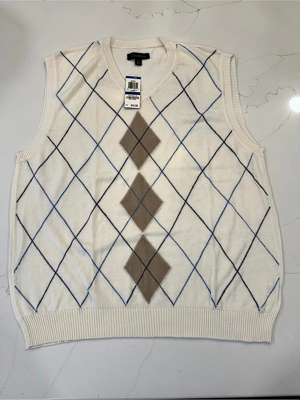 Club Room Argyle V-Neck Sweater Vest White & Brown Size XL